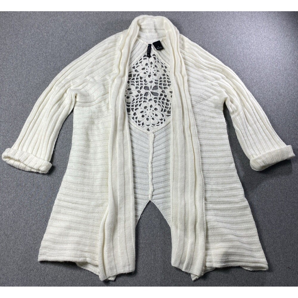 New Directions Knit Open Long Cardigan With Back Crochet Size M Ivory.